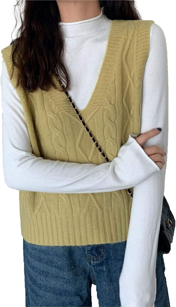 Amazon Hosiyo ニットベスト レディース Vネック 柔らかい ゆったり ショート ベスト 秋冬用 ニットインナー カジュアル 袖なし ニットセーター 可愛い イエロー フリーサイズ ベスト 通販