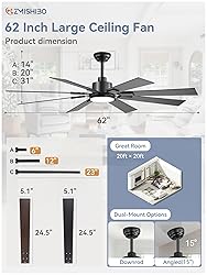 ZMISHIBO 62 inch Large Ceiling Fans with Lights and