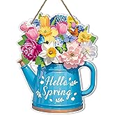 JUESMOS Hello Spring Sign Welcome Spring Decorations for Home 11.4" Flowers and Watering Can Spring Door Wreaths Sign Spring Hanging Sign for Front Door Spring Porch Home Wall Indoor Outdoor Decor