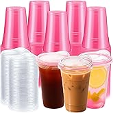 LemonRoad 100 Sets 16 oz Pink Plastic Cups with Strawless Sip Lids Disposable Iced Coffee Drink Cups with Sip Through Lids for Iced Coffee, Cold Drinks, Juice, Wedding Birthday Party Baby Shower