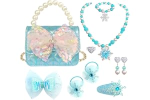ELEMIRSA Girl Handbag Purse for Little Girls Kids Pretend Play Dress Up Necklace Hair Accessories Jewelry Set, Light Blue