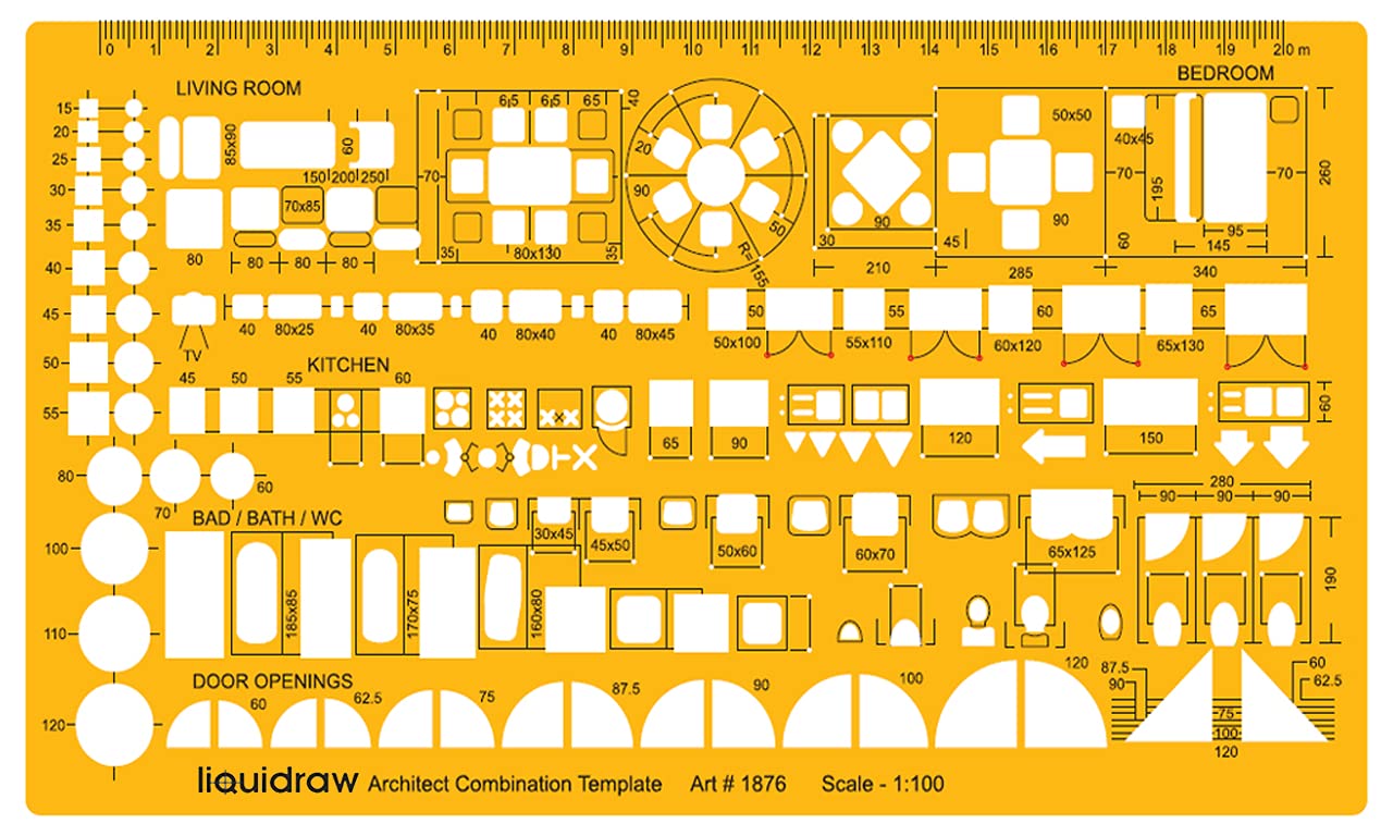Liquidraw 1:100 Architectural Scale Ruler | House Interior Floor Plan Template | Technical Architect Drafting Tool | Contains Furniture & Fixtures Symbols for Kitchen, Bathroom & More | 1.5mm Thick