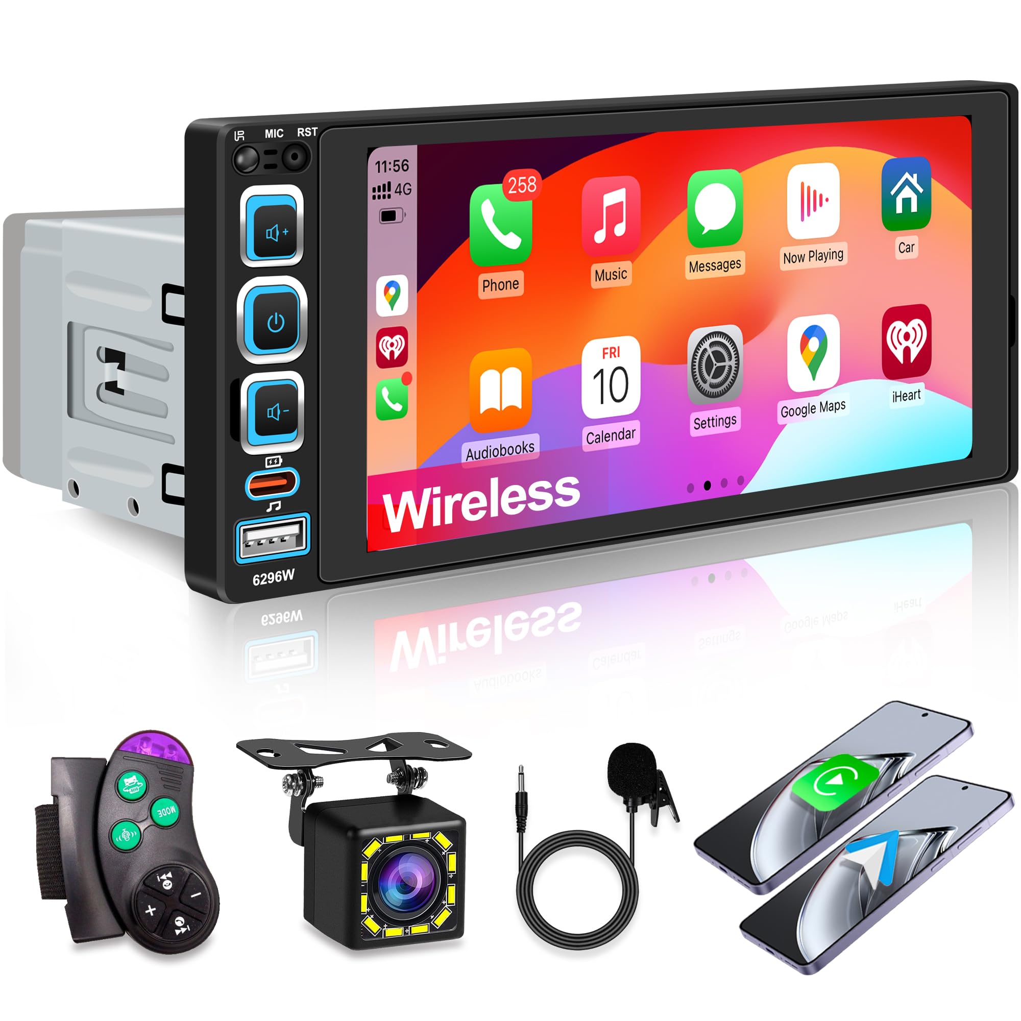 View 1 of 6.9" Single Din Car Stereo Wireless Apple CarPlay,IPS 1280 * 480 Capacitance Touchscreen, Car Bluetooth 5.2, FM Car Radio, Car Audio Receicers, Night VisionBackup Camera, Android Auto, USB Type-c