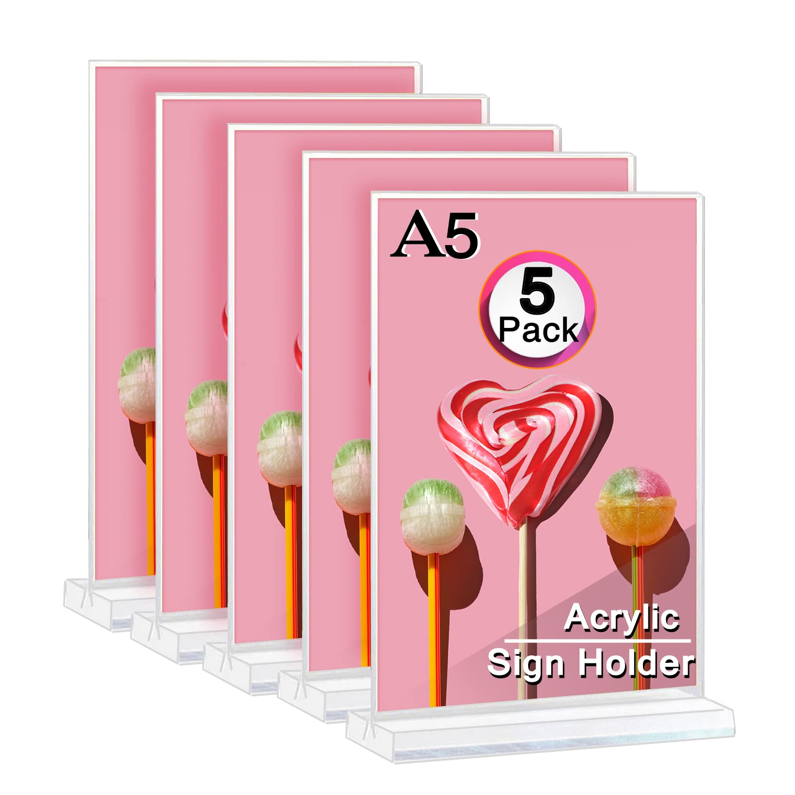 Acrylic Sign Holder A5, Clear Acrylic T Shape Table Top Display Stand , Double Sided for Menu Display, Great for Office Store Restaurant Paper Desk Display (5pcs)
