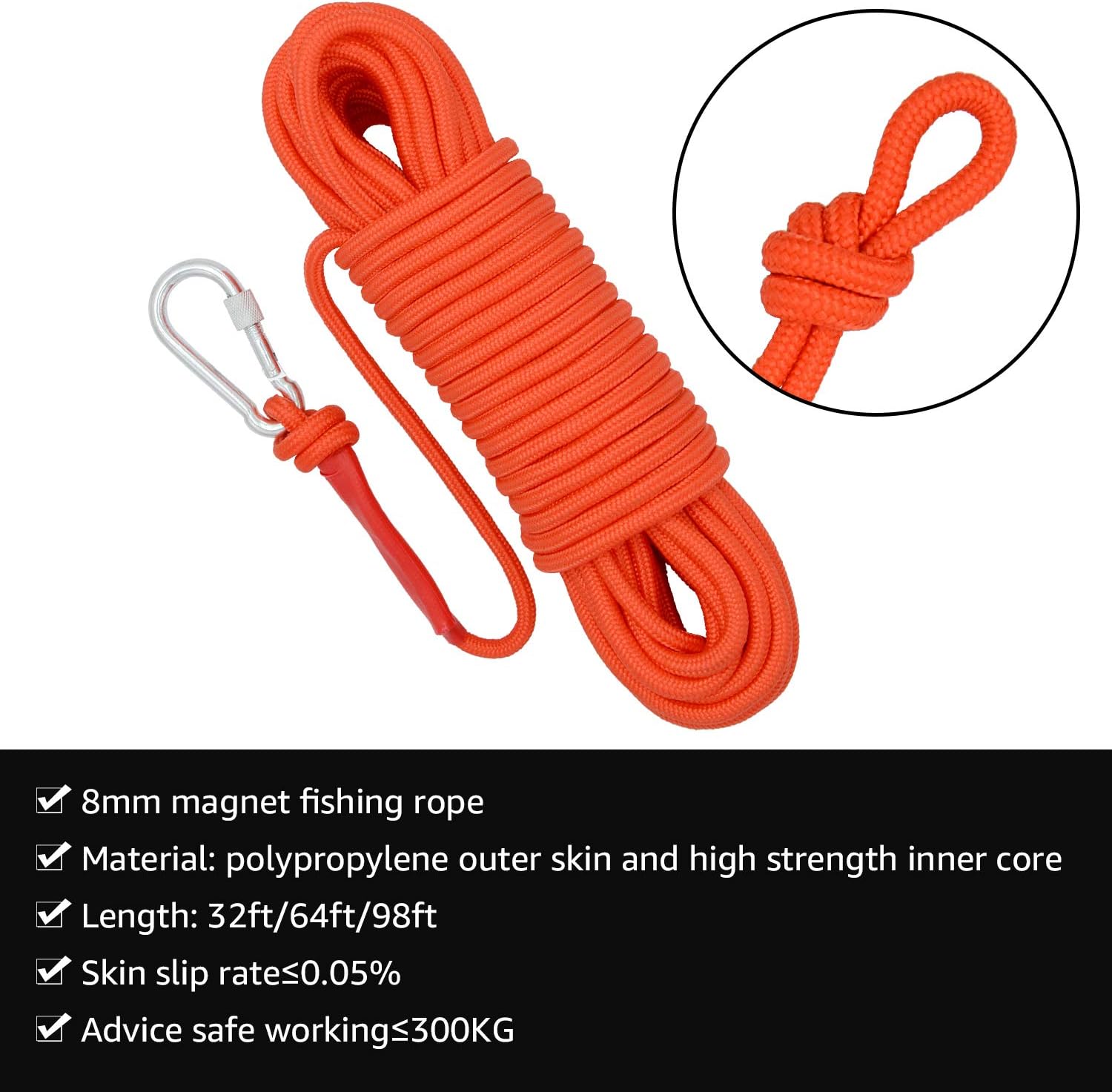 FerDIM Static Climbing Rope, Magnet Fishing Rope, 8mm(5/16in) High Strength Cord Safety Rope 32ft, 65ft, 98ft : Sports & Outdoors