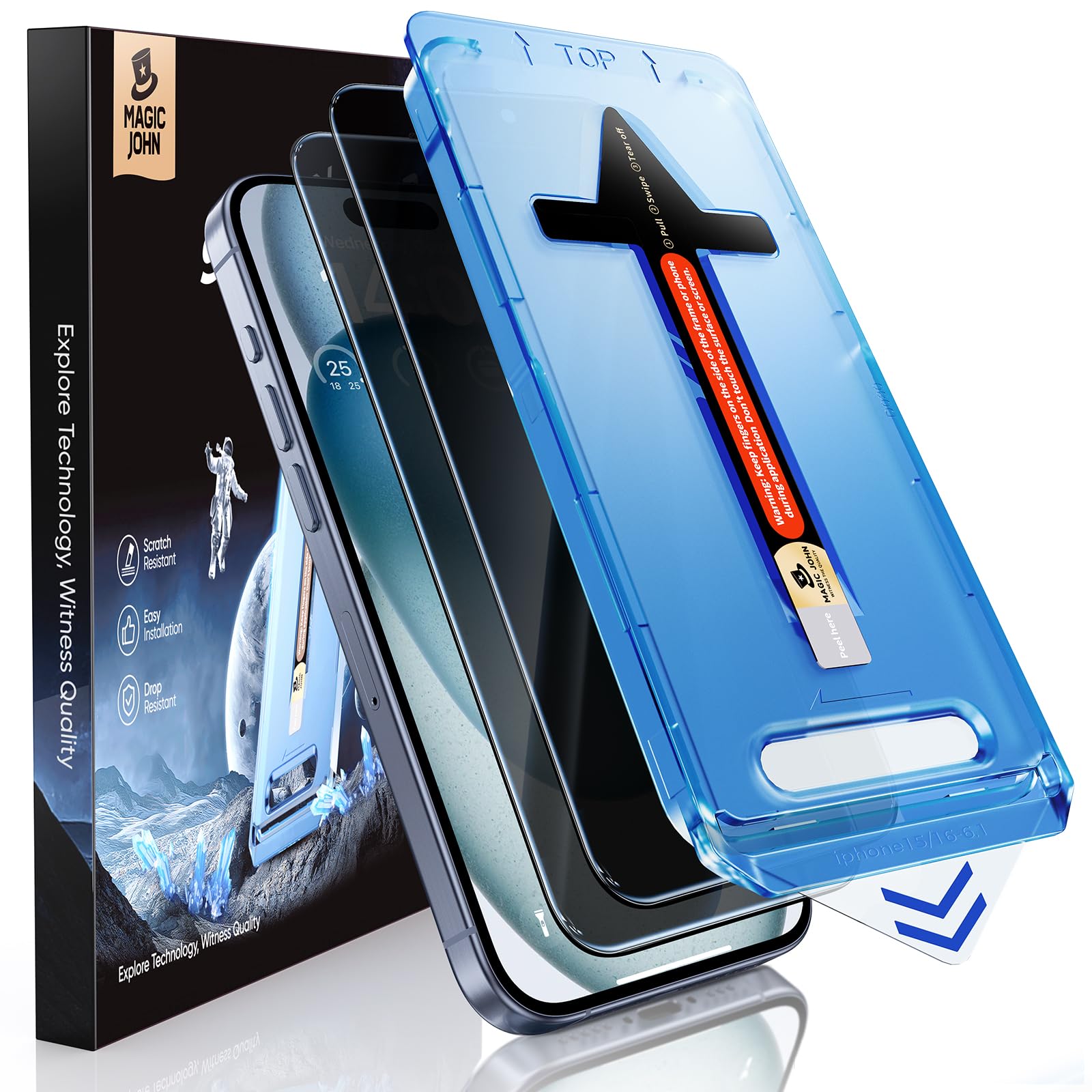MAGIC JOHN 2 Pack for iPhone 15 6.1 inch Privacy Glass Screen Protector, Auto Dust-Elimination Installation, Bubble Free, Easy Installation