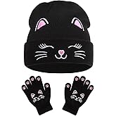 Cat Embroidered Girls Beanie Hat and Gloves Set Kids Knitted Hat Unisex Skull Cuffed Skiing Caps Hats 3-12 Years