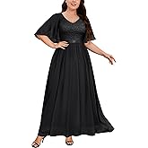 Knitee Women's Plus Size Half Sleeves Cape Dress Lace Chiffon V Neck Evening Party Maxi Dress