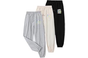 EXARUS 3 Pack Girls' Letter Graphic Print Sweatpants with Pockets Sweat Pants High Waisted Cute Joggers 6-14Y