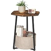 MAHANCRIS Small Round Side Table with Fabric Basket, Modern End Table with Storage, Hexagonal Coffee Table with Metal Frame f