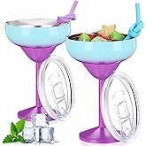 Geiserailie 2 Pack Insulated Wine Glass 10 oz Stainless Steel Margarita Tumbler with Lid and Straw Vacuum Sealed Mug Wine Cup Gift for Women Men Christmas Birthday(Blue Purple,Classic)