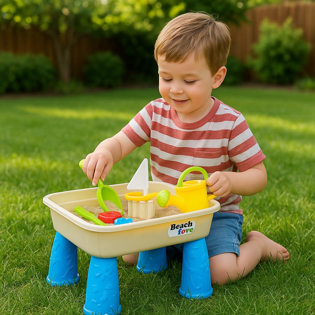 Beach Sand & Water Activity Table for Kids – Portable Play Table with Lid, Toys & Storage – Outdoor Backyard Summer Toy Set with Shovel, Watering Can, Boat & Molds