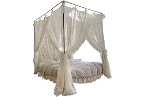 Canopy Bed Curtains, Three-Opening Lace Princess Bed Canopy, 4 Corner Post Hanging Curtains with Ties Fit 4.92ft