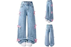 Godalithic Bow Jeans for Girls Wide Leg Kids Baggy Flare Denim Pants High Waisted Cute Clothes Y2k Outfits with Pockets 6-14Y