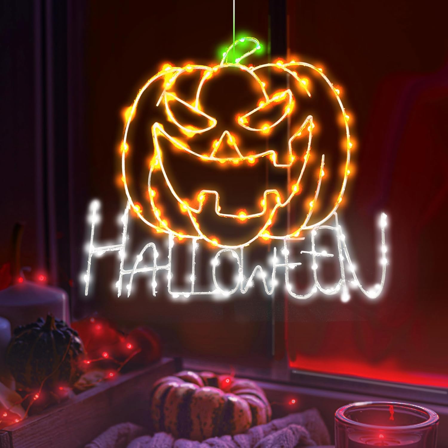 String Lights - Halloween Decorations-Halloween Window Lights 8 Light Modes Remote Door-Battery Operated with Timer-Halloween Window Party Decorations Indoor Outdoor-Orange Pumpkin Lights Door Yard Party Decor Home