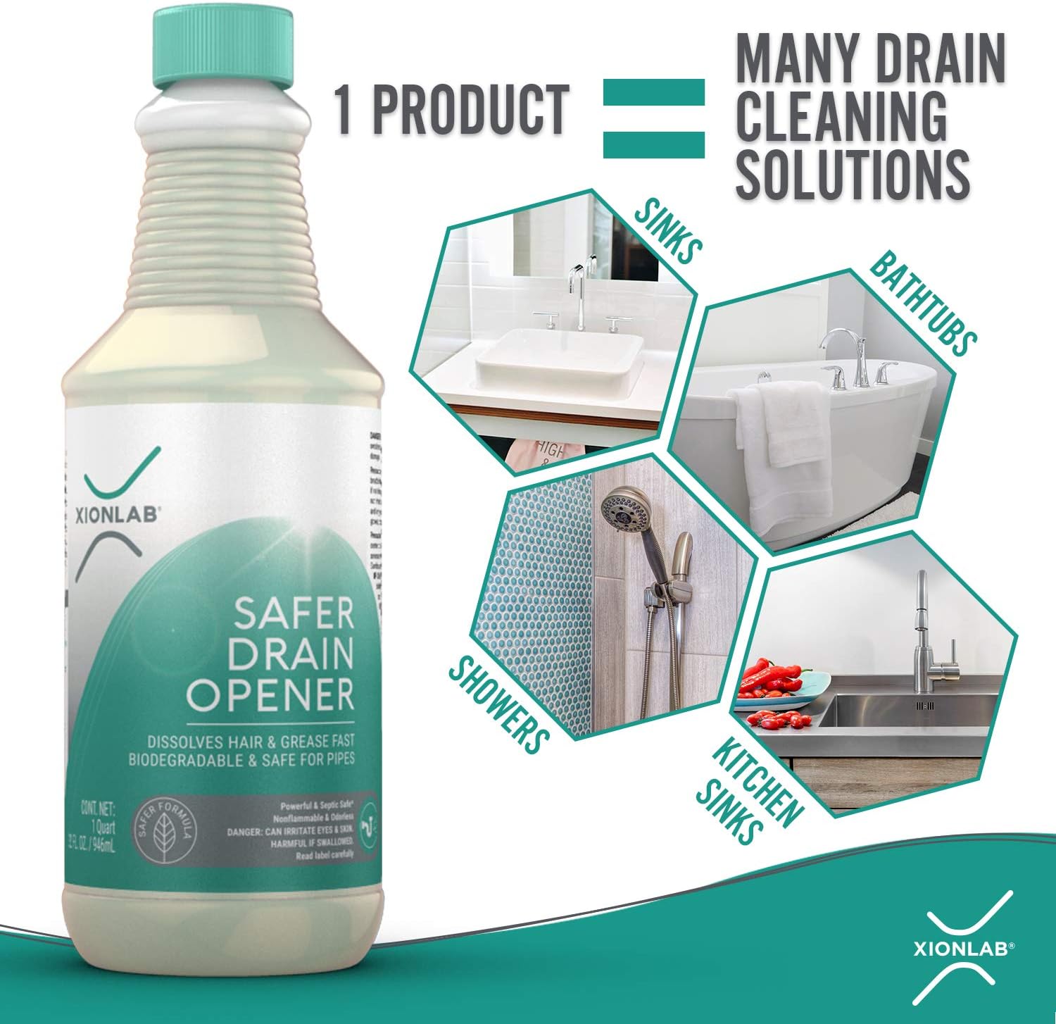 XIONLAB Safer Drain Clog Remover – Industrial-Strength Liquid Drain Cleaner for Hair & Grease – Septic Safe, Odorless, Biodegradable for Bathroom Sink, Bath Tub, Shower Drain – 32 oz: Home & Kitchen