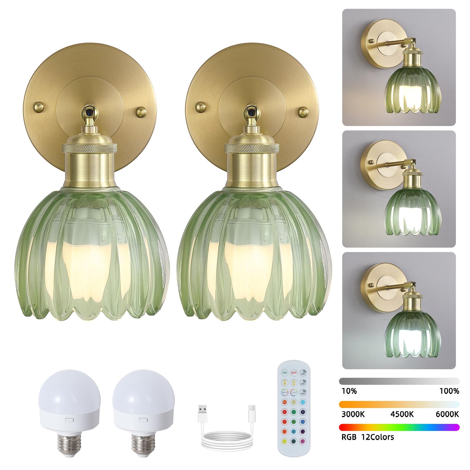 HEQIQEH Vintage Battery Operated Wall Sconce Lighting Fixture With Clear  Ribbed Glass Shade, Dimmable Cordless Wall Lamp With Remote Control For