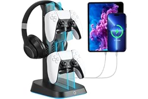 Gutahare Acrylic Gaming Headphone Stand 6 RGB Lights Controller Holder Headset Desk Holder Earphone Stand Controller Stand Gaming Accessories for PS4 PS5 Controller Xbox ONE (Black)