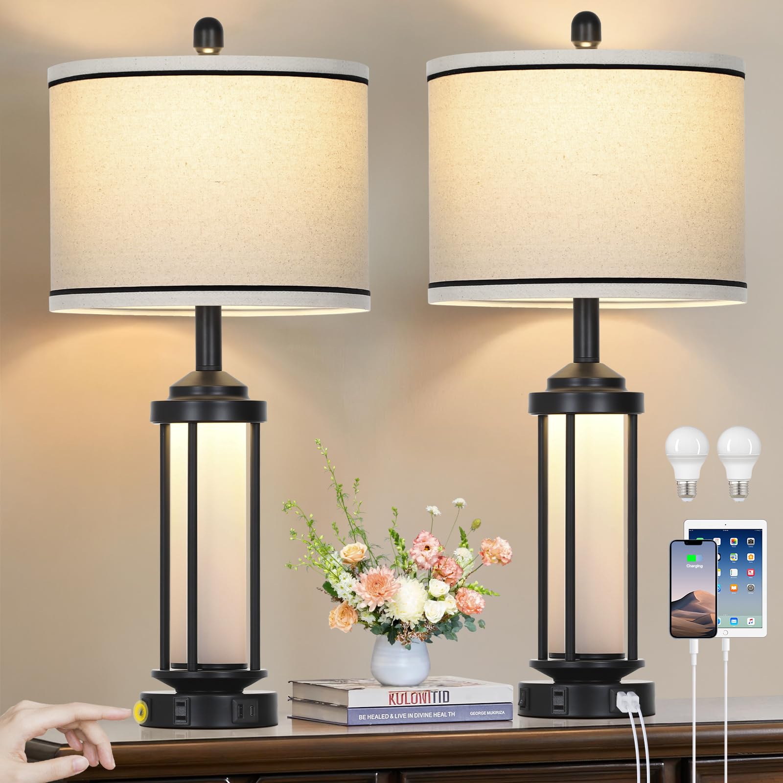 Photo 1 of Rinweey Table Lamps for Living Room Set of 2, Black Farmhouse Rustic Industrial Table Lamp with USB A+C Charging Ports & AC Outlet, 27" Modern Table Lamps with LED Night Light & Linen Fabric Lampshade
