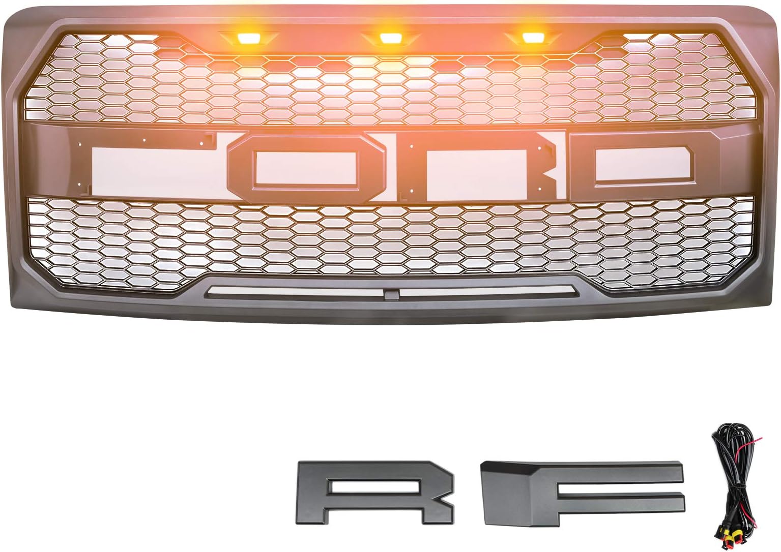 Motorshive Grille Fit Ford F150 2009-2014 Raptor Mesh Style with Amber LED lights Grill Sliver Gray 2010 2011 2012 2013