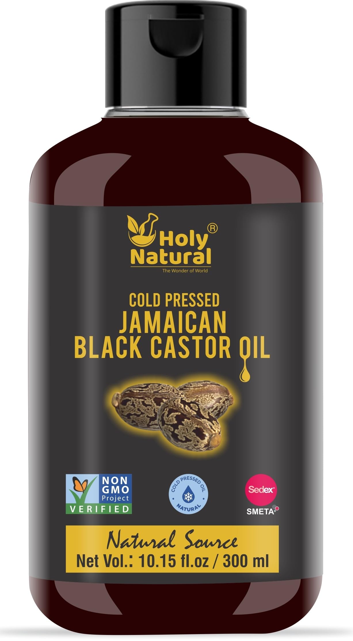 Holy Natural Jamaican Black Castor Oil 100% Pure - Promotes Hair Growth, Eyebrows, and Eyelashes - Organic and Cold Pressed - 300ml