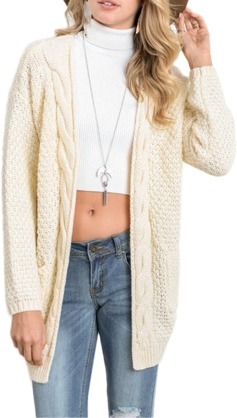 HIKARE Women's Oversized Long Sleeve Open Front Chunky Cable Knit Sweater Cardigans with Pockets