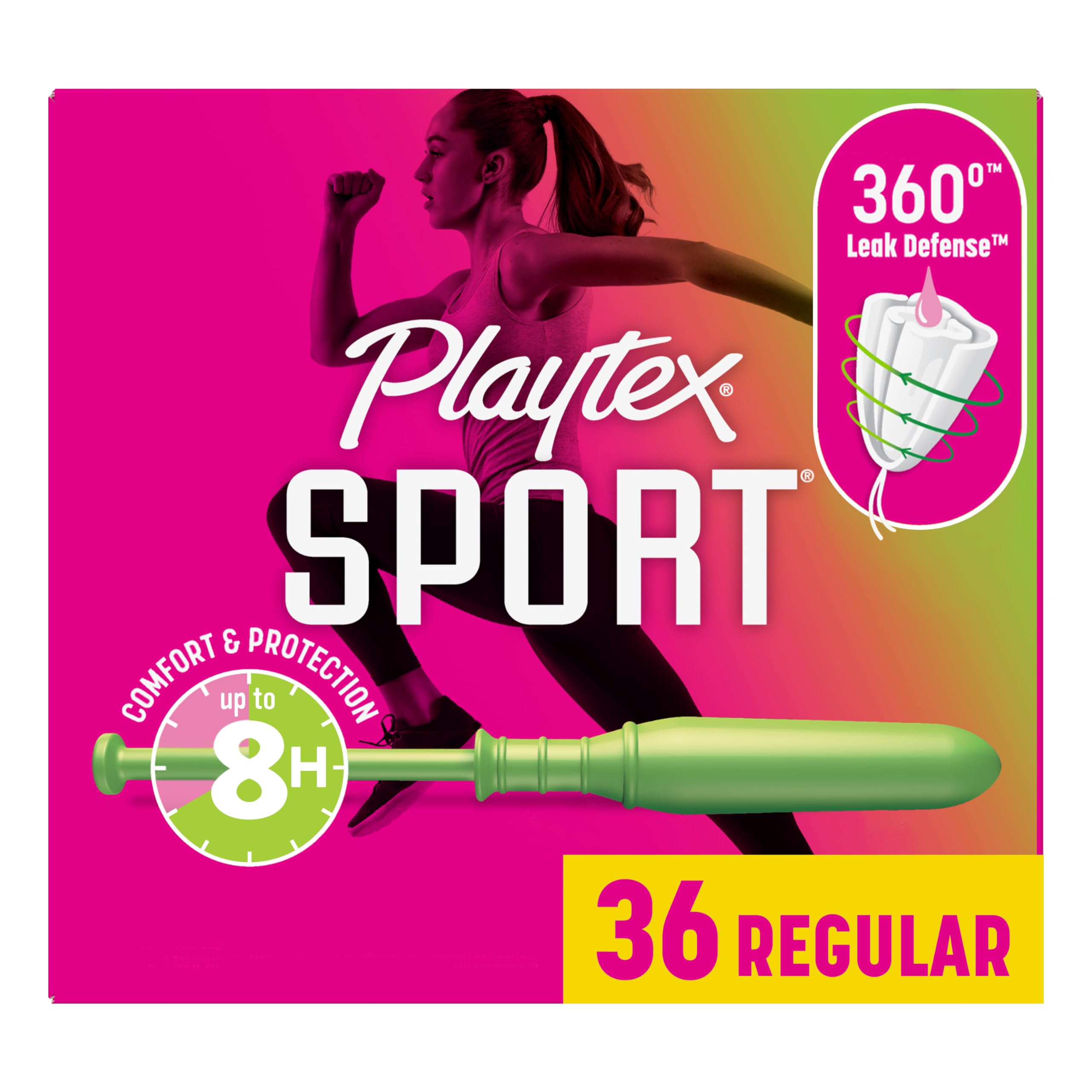 Playtex Sport Tampons Regular Absorbency, Fragrance-Free - 36ct | Regular Tampons for Women, Feminine Care, Playtex Tampon with 360 Leak Defense