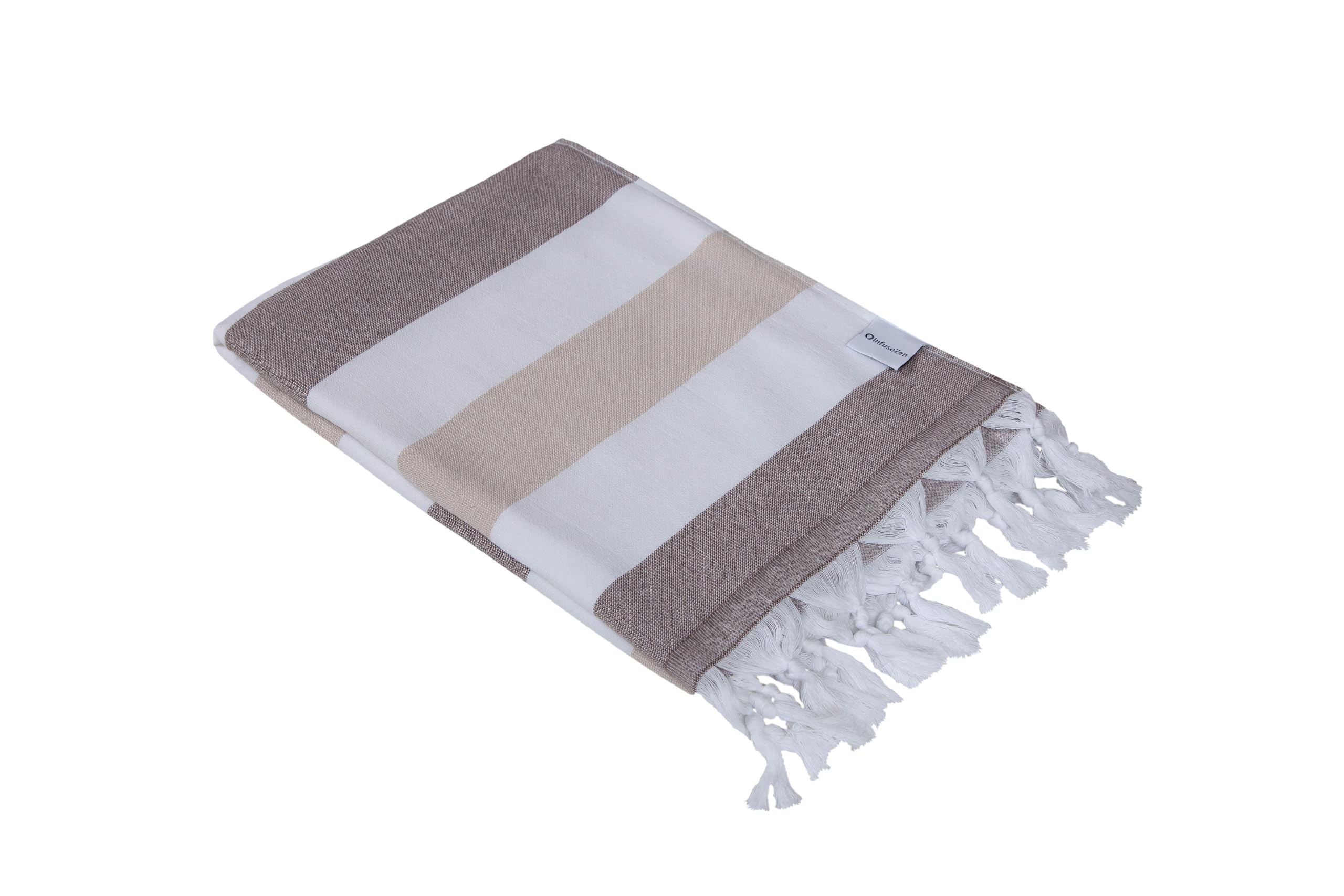 InfuseZen Large Turkish Towel with Soft Terryback, Striped Peshtemal Terry Back Turkish Bath Towel, Gym & Beach Towel, Thin Oversized Hammam Towel, Plus Size Fouta, Big Bath Sheet (Brown & Beige)