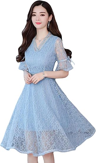 Amazon Debangni 総レース ドレス ワンピース レディース 半袖 Vネック ロングワンピース 膝丈 Aライン 蝶結び かわいい オフィス フォーマル カジュアル 結婚式 パーティー 二次会 お呼ばれ ワンピース チュニック 通販