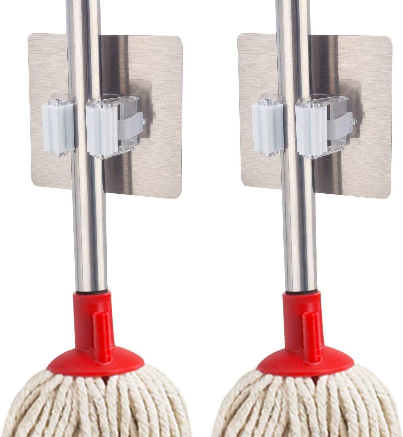 Zonku Anti-Slip, Wall Mounted Self Adhesive Reusable Broom Mop Holder Organiser for Kitchen, Bathroom, Garage, Wardrobe and Garden -2 Pieces (Silver)