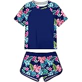 Idgreatim Girls Rashguard Swimsuit 2 Piece Short Sleeve Bathing Suit UPF 50+ Sun Proction Swimwear Size 8-16T
