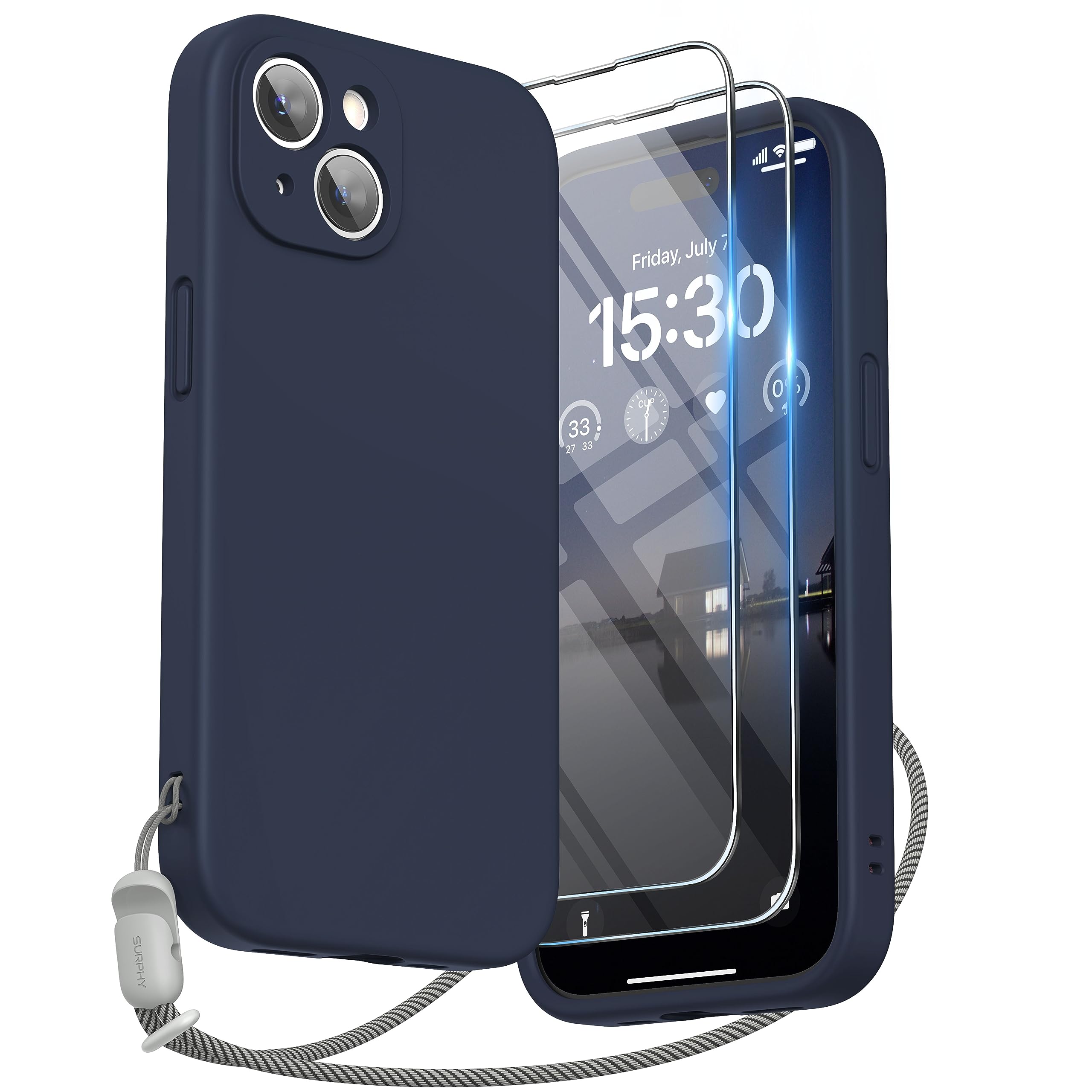 SURPHY Design for iPhone 15 Case, Liquid Silicone Protection for Each Lens [2 x Screen Protectors & 1 x Lanyard] Shockproof Cover for iPhone 15 6.1 inch 2023, Midnight Blue — image 1