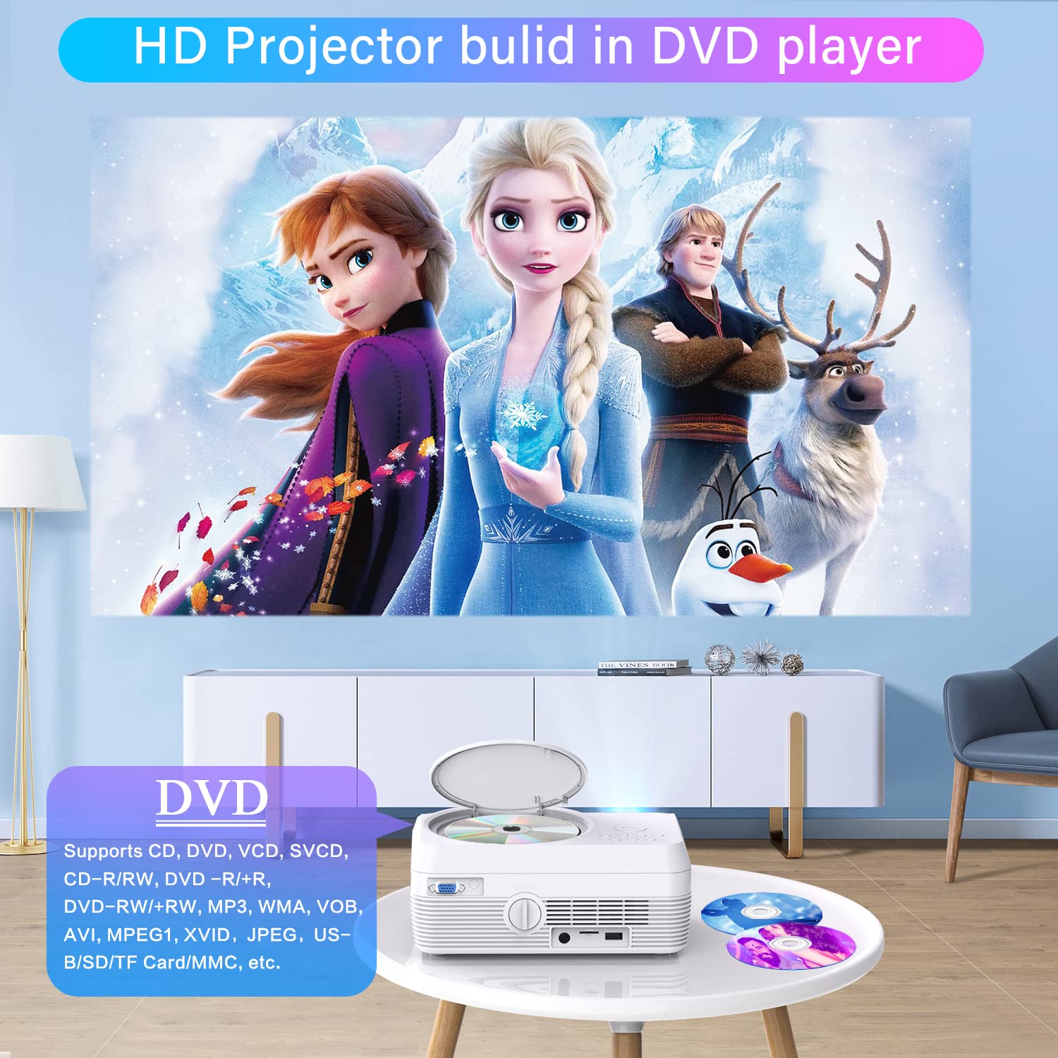 Full HD Bluetooth Projector Built in DVD Player, 12000LM 1080P Supported, Portable Mini DVD Projector for Outdoor Movies, 250