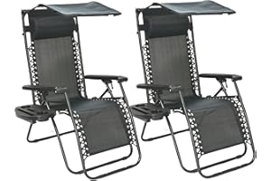 BTEXPERT CC5044B-2 Zero Gravity Chair Lounge for Relaxing, Outdoor Patio Beach Yard Garden Sunshade Utility Tray Cup Holder Case Pack (Set of 2 pcs), Two Piece, Alloy Steel, Black with Canopy