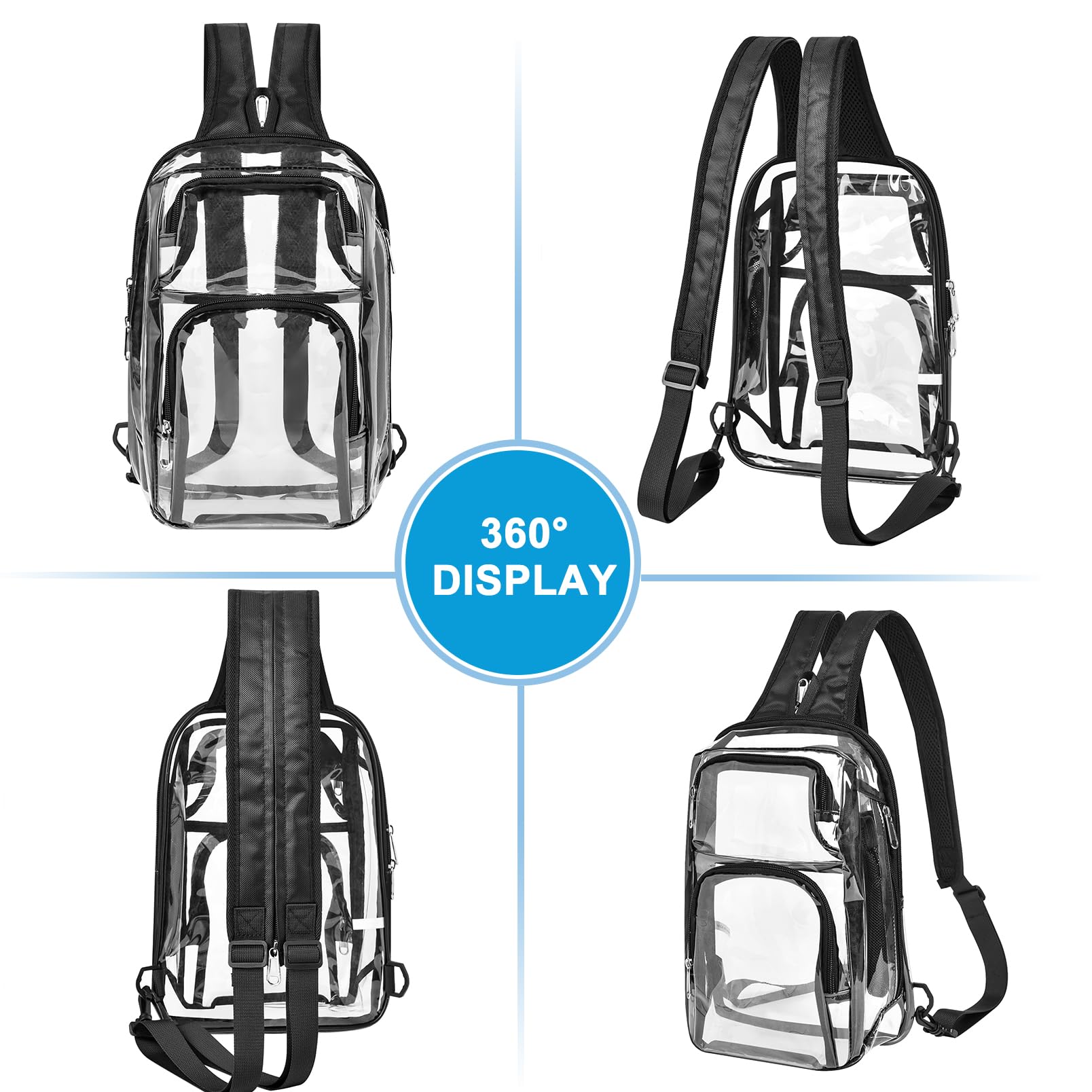 Clear Backpack Stadium Approved with Adjustable Reinforced Straps, 3 in 1 Clear Crossbody Bag for Festivals and Games (Black)