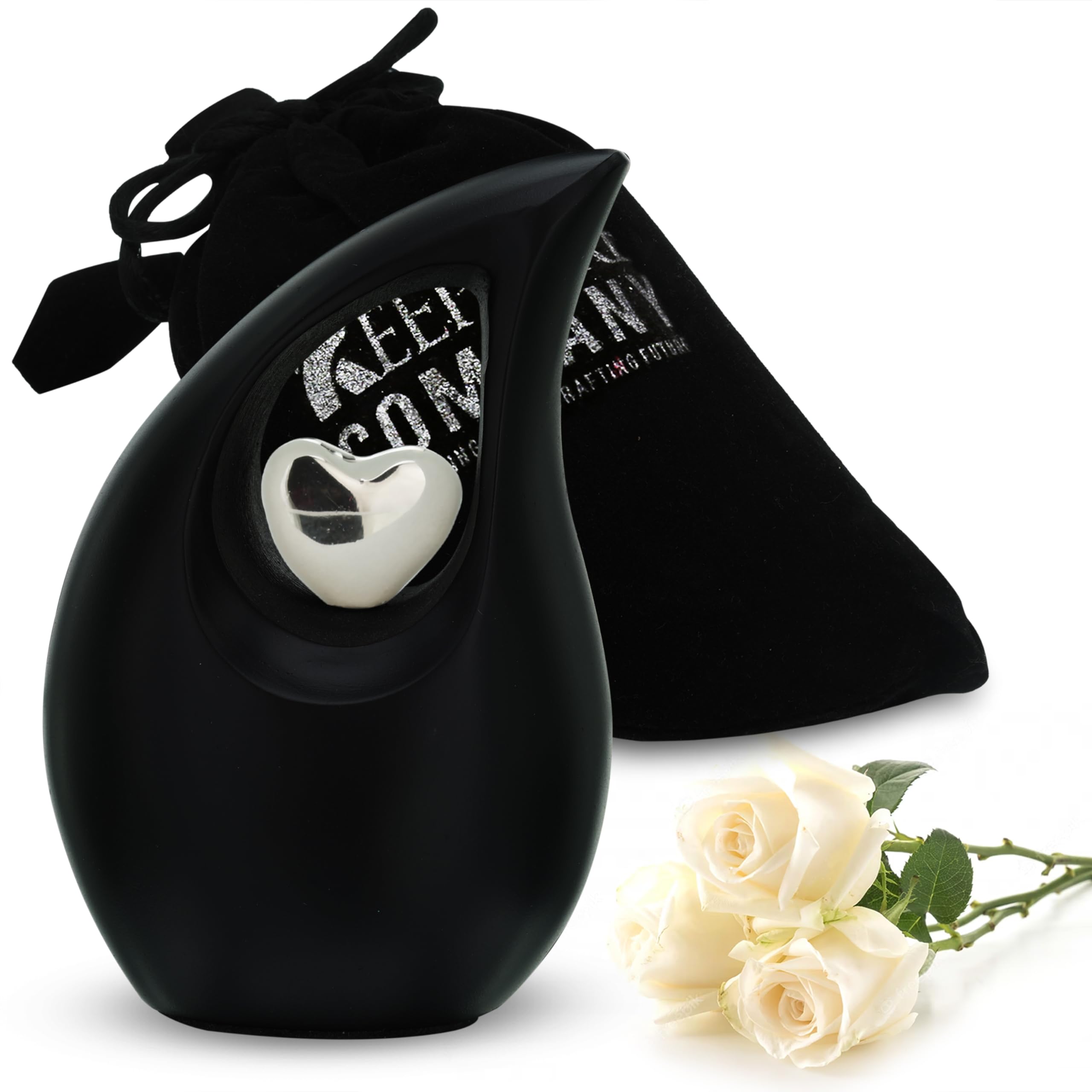 KEEPSAKE COMPANY Black Matte Tear Drop Small Mini Urns for Human Ashes with Silver Heart (3 Inch Height) - Urn - Funeral Urn - Small Pet Urn - ERN -,White