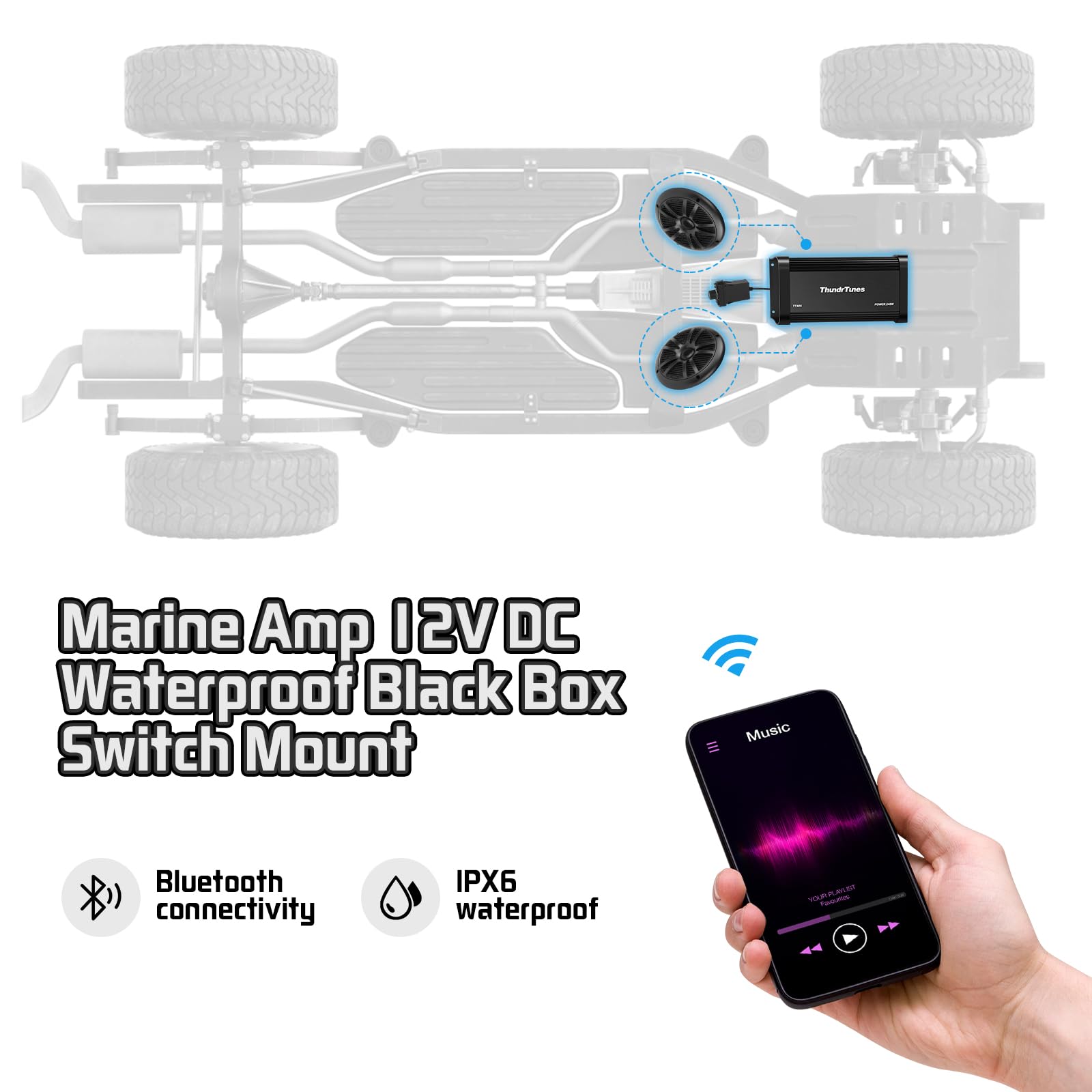 Marine Powersport Bluetooth Amplifier Audio System with 2pcs Black Speakers, Class D 60W x 4 CH, Switch Mount, Suitable for Motorcycle, UTV, ATV, Boat