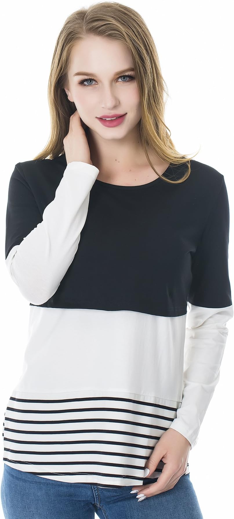 Smallshow Women's Long Sleeve Nursing Tops Back Lace Striped Breastfeeding Shirt