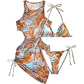 3 Piece Swimsuits Women Bikini Sets with Cover Up Halter Bathing Suit Set Sexy Cutout Coverup