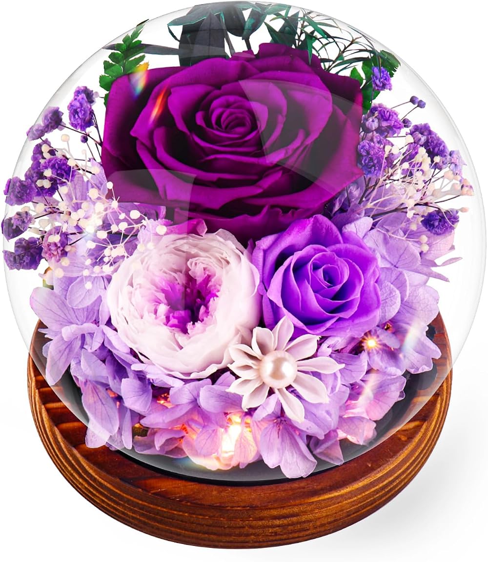 Touloube Preserved Rose in Glass Dome Purple Forever Flower Gift
