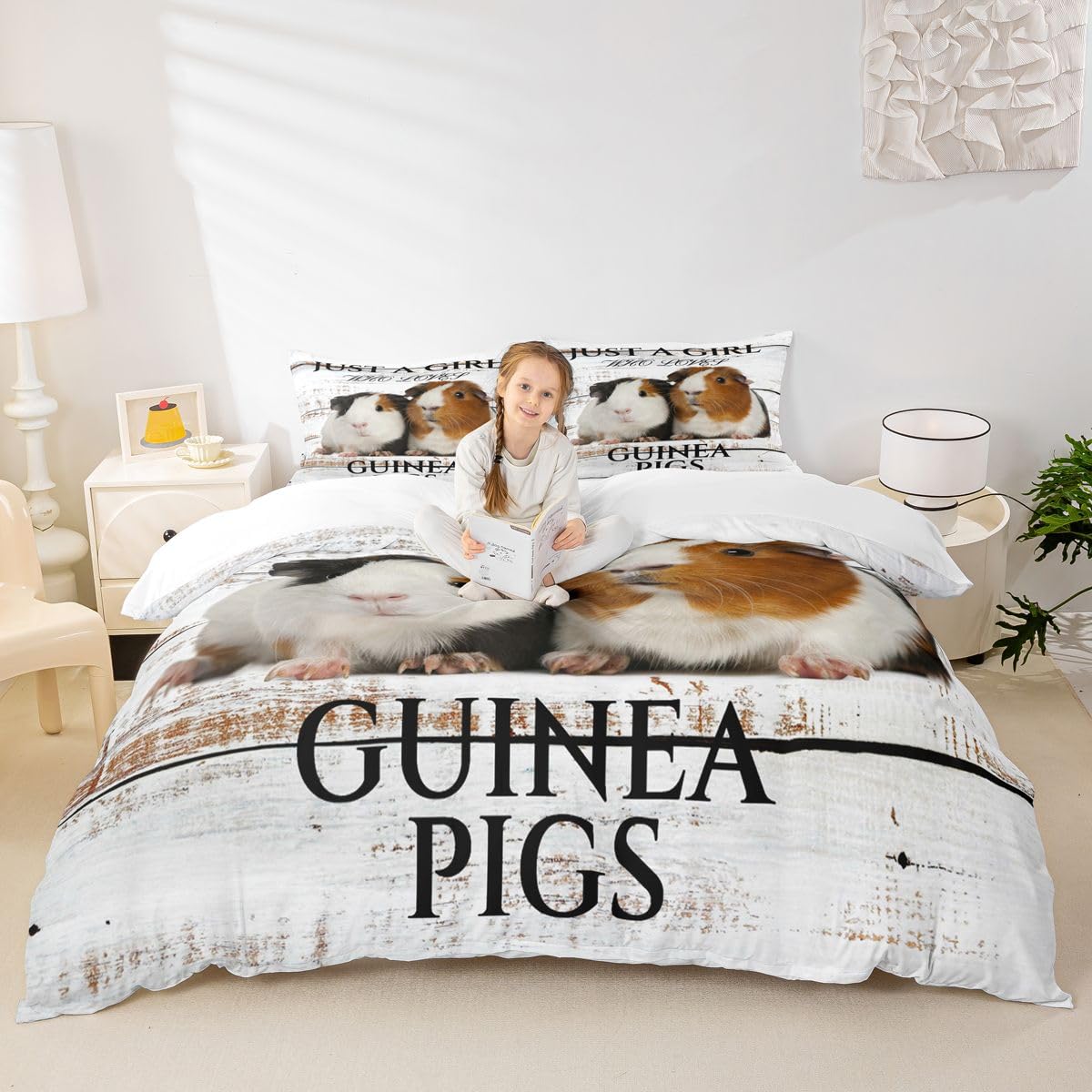 feelingyou Guinea Pigs Comforter Covet,Kawaii Cute Animal Duvet Cover for Girls Teens Bedroom Gift,White Wooden Board Comforter Cover Decorative with 2 Pillowcases, Double Size