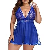 JuicyRose Women's Sexy Plus Size Lingerie Lace Sleepwear Halter Babydoll V-String Miniskirt