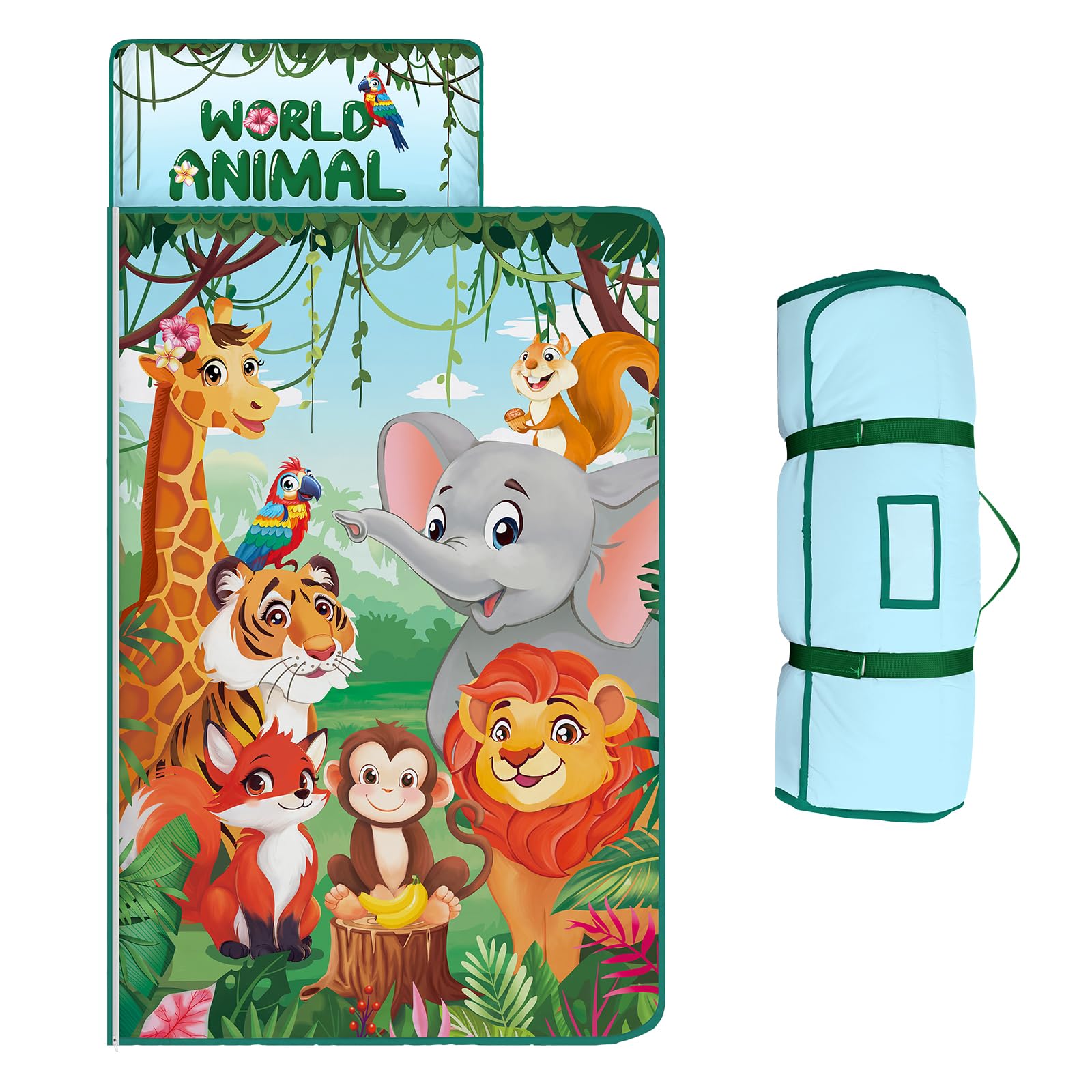 Kids Sleeping Bag,Nap Mat with Removable Pillow and Blanket,Warm Toddler Slumber Bag 150x60cm for Toddlers Boys Girls, Roll Up Kids Sleeping Mat for Bedroom Daycare Kindergarten,Jungle Animals