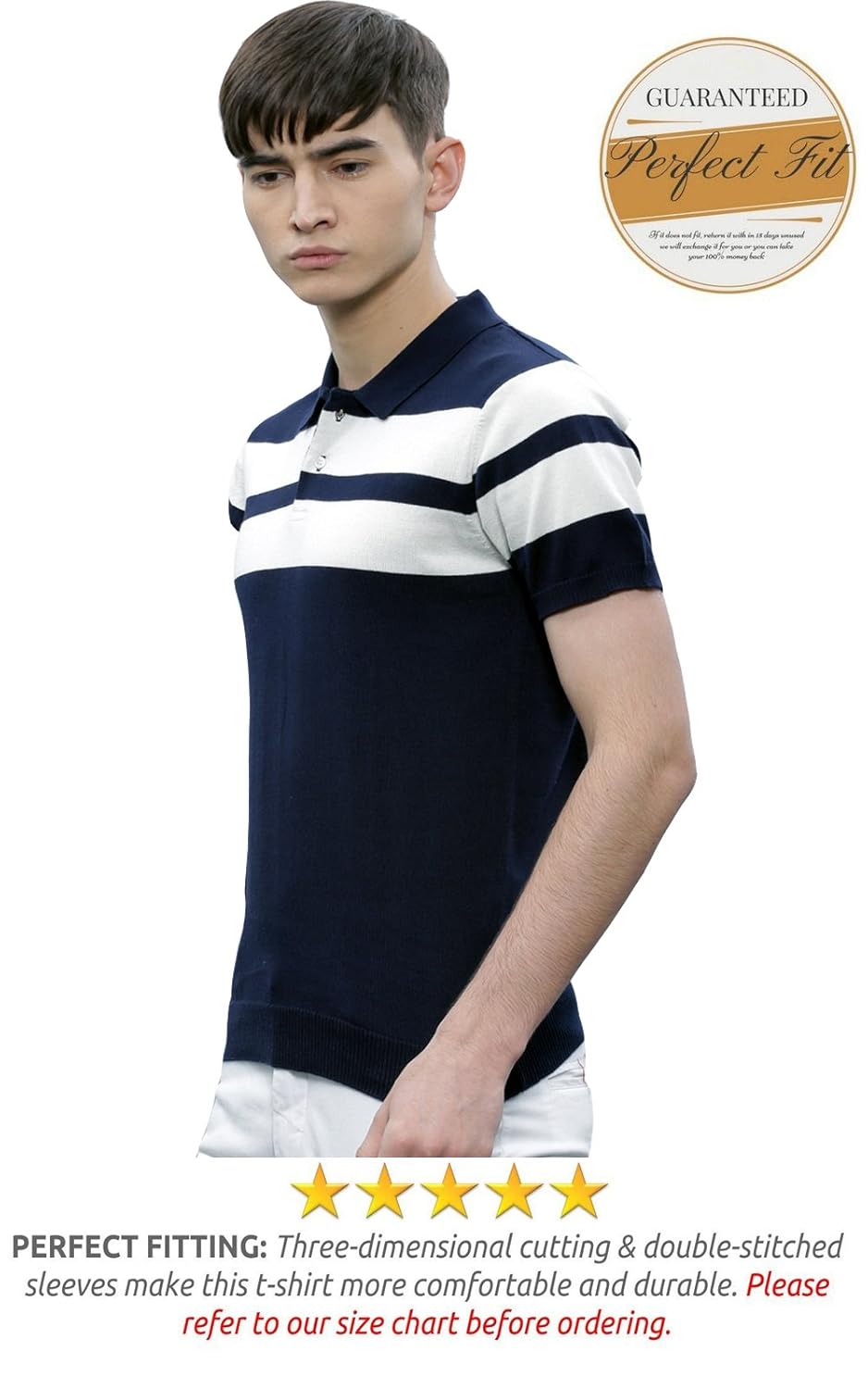 scatchite men&rsquo;s matte half sleeve navy blue with white contrast striped polo t-shirt