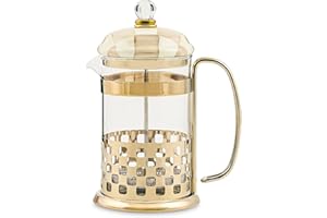 MACKENZIE-CHILDS Coffee French Press, Glass French-Press Coffee Maker, 32-Ounce Capacity, Brown-and-White Mocha Check