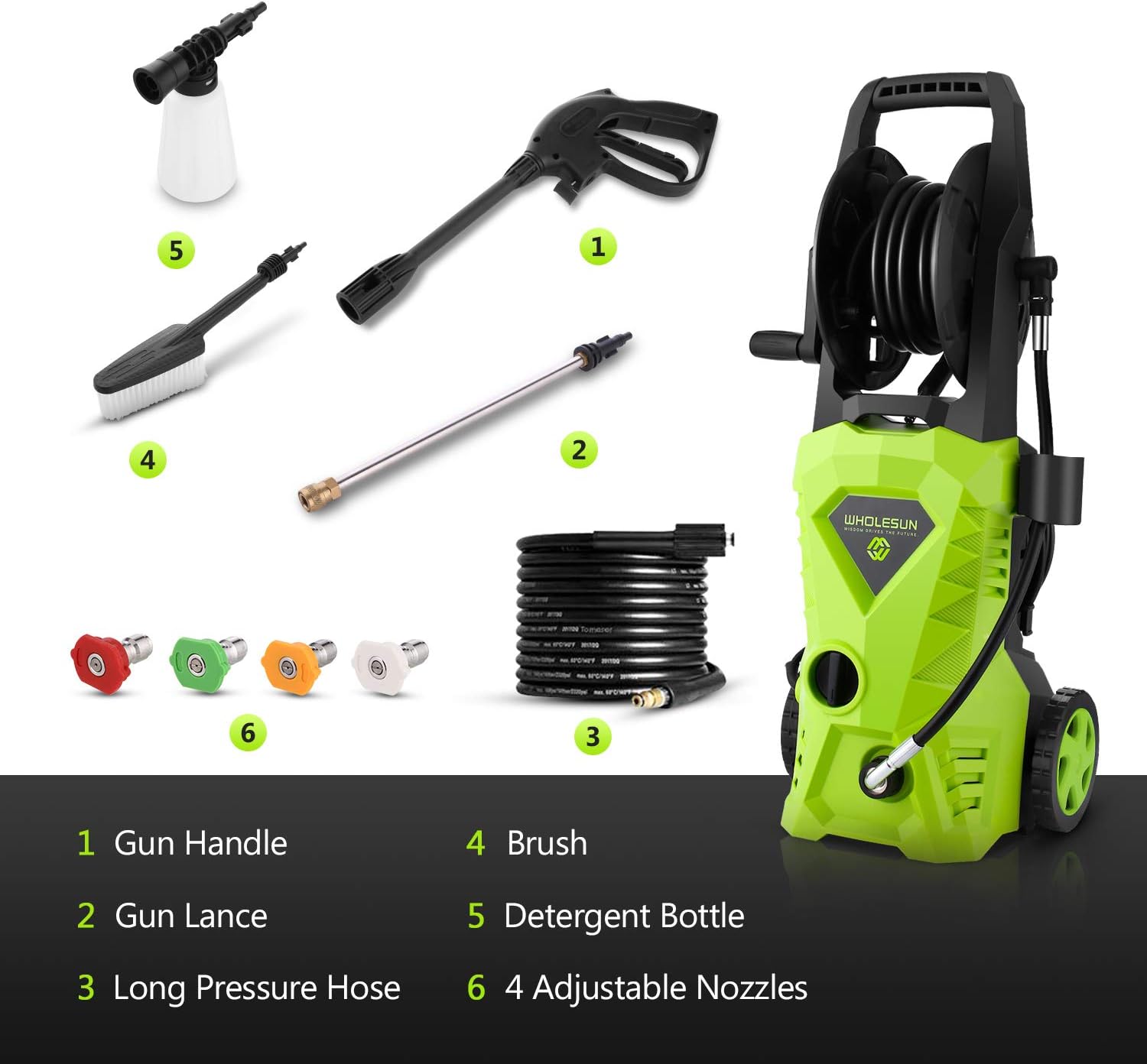 WHOLESUN 3000PSI Pressure Washer Electric 1.8GPM 1600W High Power Washer Machine with Spray Gun & 5 Nozzles (Green) : Garden & Outdoor