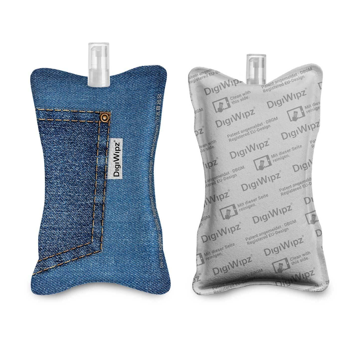 DigiWipz® The ingenious 2-in-1 display cleaner (denim), screen cleaner for displays and touchscreens, screen cleaner microfibre sponge with integrated sprayer