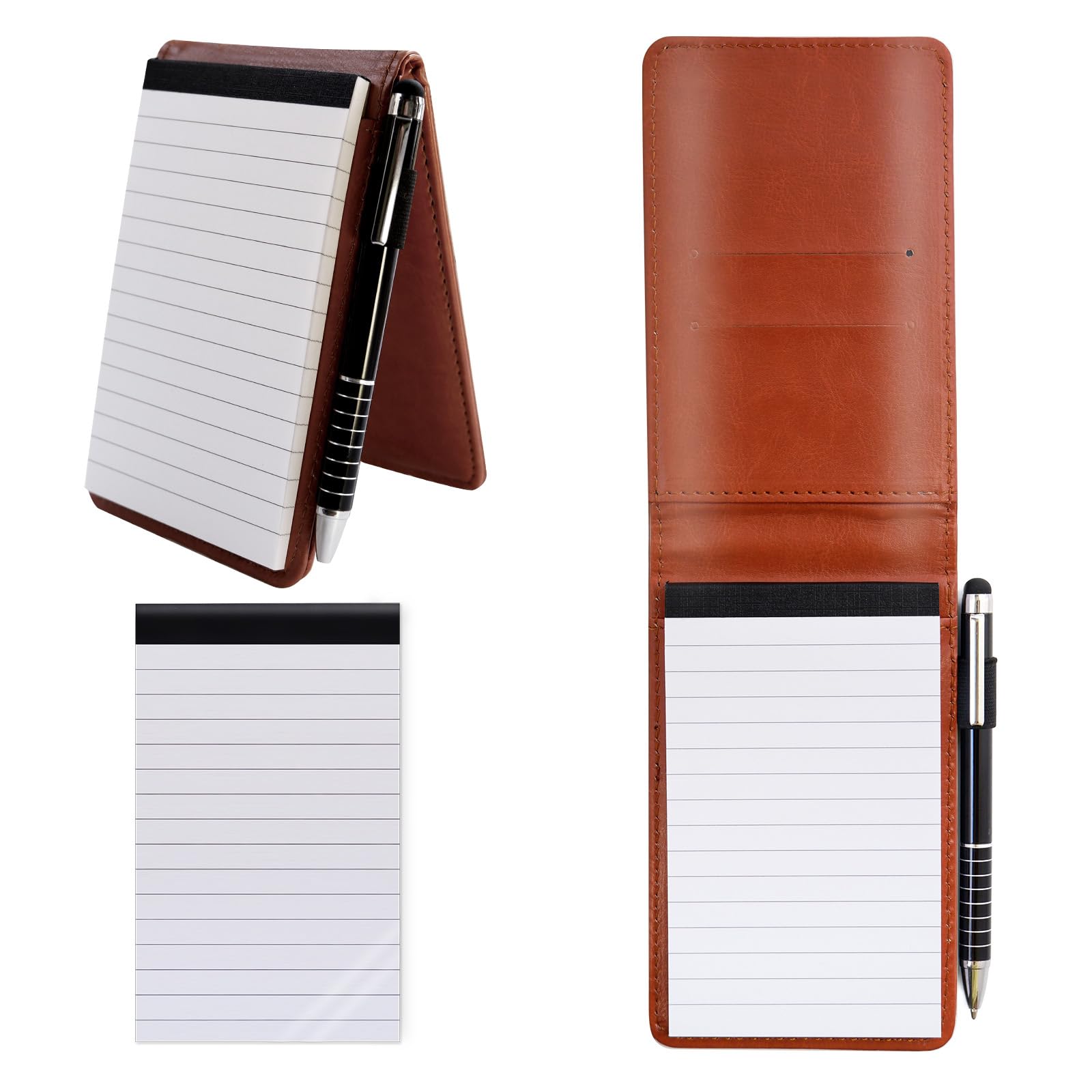 FINEASY Mini Pocket Notebook A7 Holder Set 100 Page 88G PU Leather Notebook with 50 Lined Sheets and 1Pc Metal Pen Small Notepad for School Office Business Home Note Writing (brown) — image 1