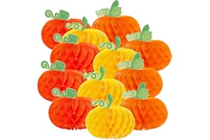 Sucrain 12 Pieces Tissue Paper Pumpkin 3D Honeycomb Pumpkins for Halloween Thanksgiving Party Favor Fall Festival Supplies （Orange, Red, Yellow）