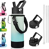 BJPKPK Insulated Water Bottle with Straw Lid, 22oz Thermal Flasks Water Bottles with 3 Lids, Paracord Handle & Non-slip Boot, BPA Free Leak Proof Stainless Steel Tumblers, Cups,Mint